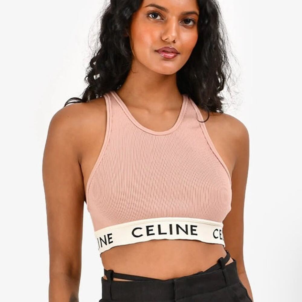 Celine Ribbed Logo Print Racerback Cropped Sports Bra Blush Pink Women's Size XS